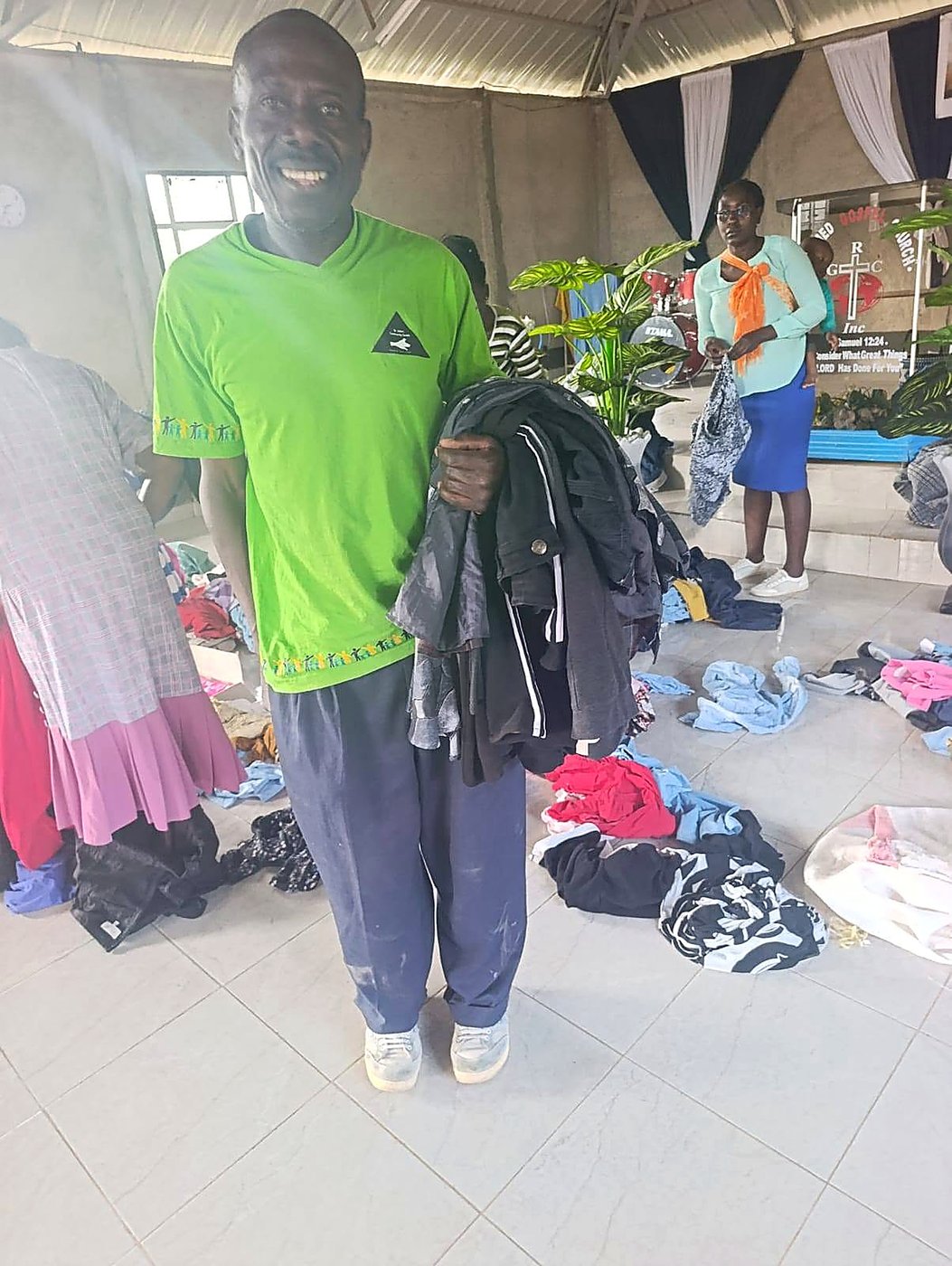 Sorting donated clothes at a GCIG clothing drive
